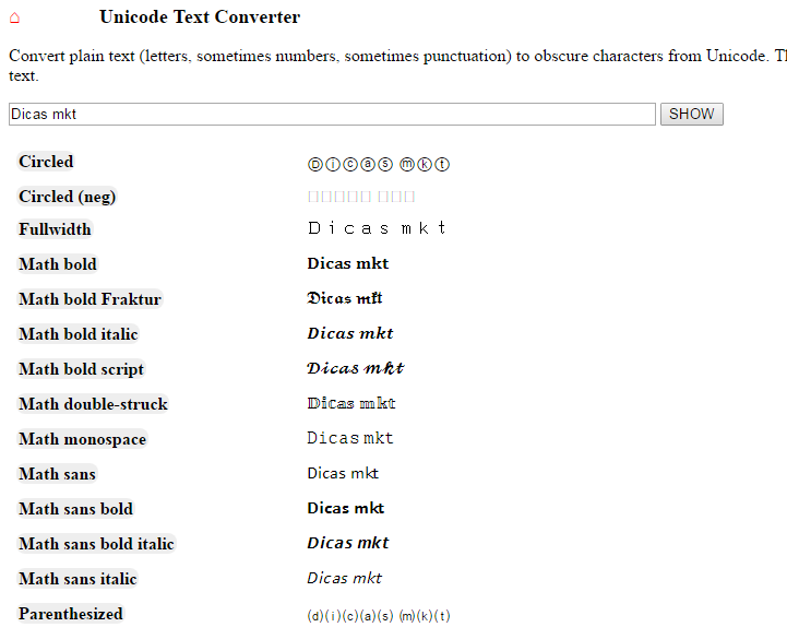 Print do site Unicode Text Converter